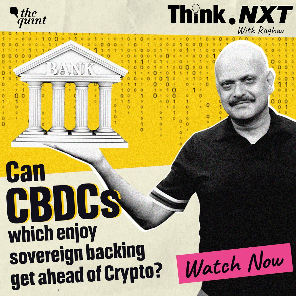 TheQuint's tweet photo. #CBDCvsCrypto | Will #crypto get ahead because of its decentralised nature? Or will CBDCs win with sovereign backing? All your questions, answered on the new episode of #ThinkNxtWithRaghav. 
Know more: https://t.co/1cXv16d4Dg https://t.co/6i6Z6fE7IG