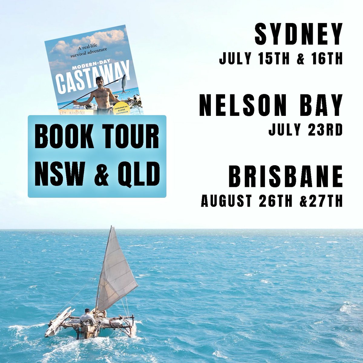 🛶I’m taking the dugout canoe and my #aloneaustralia gear on a meet &amp; greet book signing tour!
SYDNEY 15-16 Jul, 9am-3pm, 
Manly SLSC
NELSON BAY 23 Jul, 8am-2pm
Tomaree Markets
BRISBANE 26-27 Aug, 10am-5pm, Brisbane Outdoor Adventure Festival.
#moderndaycastawaybook