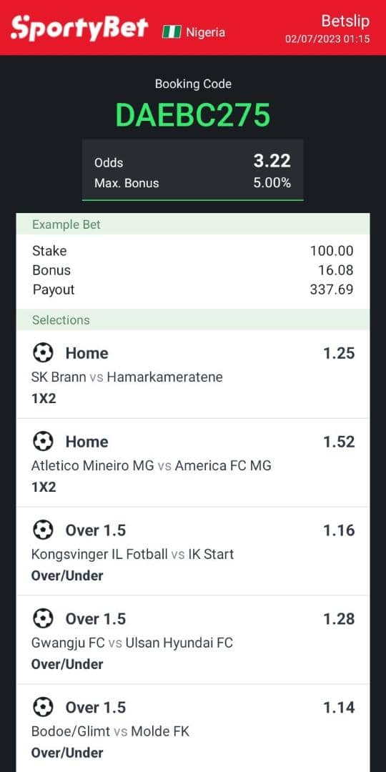 WizSureBet's tweet photo. SUNDAY 3 ODDS 🏆🙌 ❤️

SPORTYBET Code: DAEBC275
✅️✅️✅️✅️✅️

#betresponsibly #sportybet @jujupunter @BETFUSE1 @Betodds1 @bettipstar1 #TrendingHot #davido https://t.co/TUlNQvJDYT
