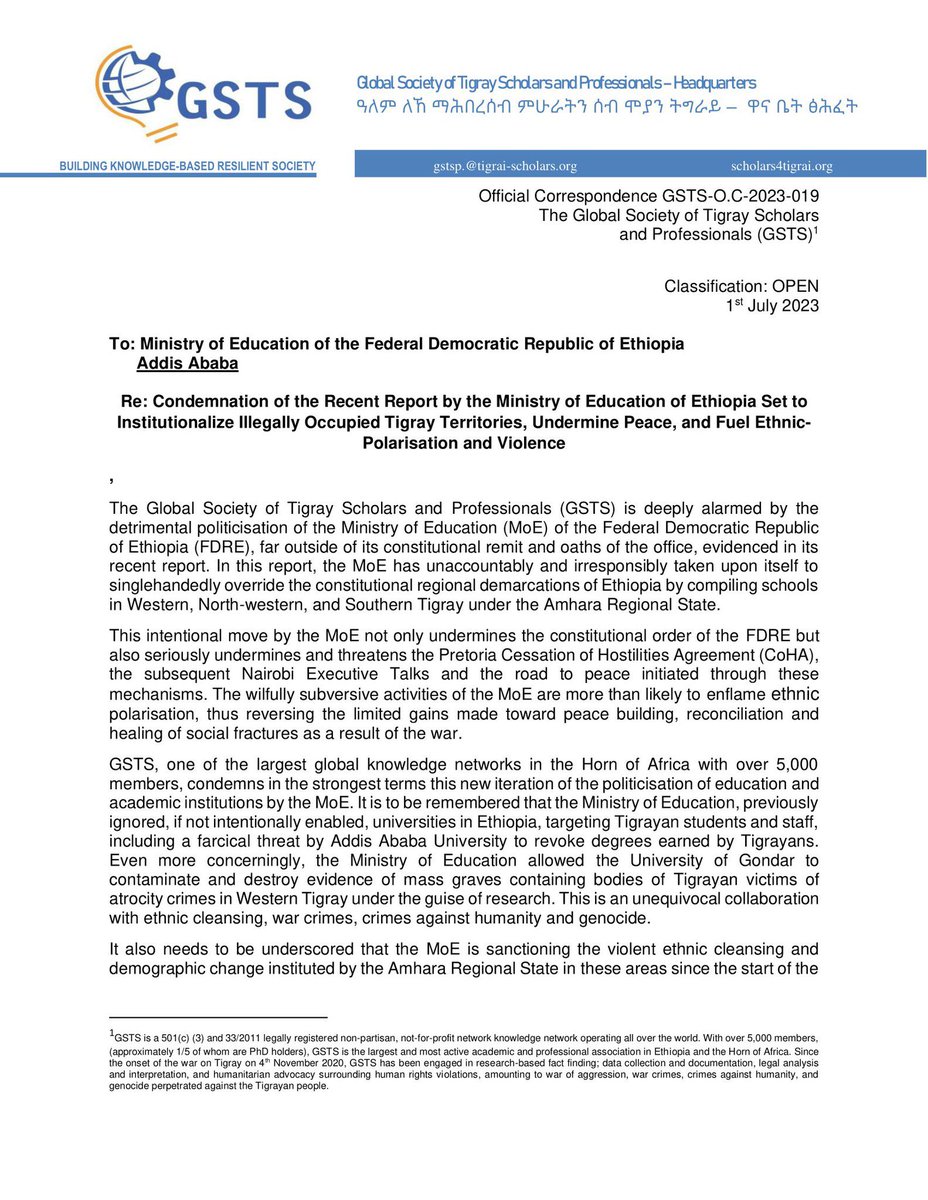 KassaHMariam's tweet photo. Condemnation of the recent report by the Ministry of Education of Ethiopia set to institutionalize illegally occupied Tigray territories, which undermine peace, and fuel ethinic polarization & violence @SecBlinken @JosepBorrellF @SenatorMenendez @JakeSullivan46 @antonioguterres @UNHumanRights