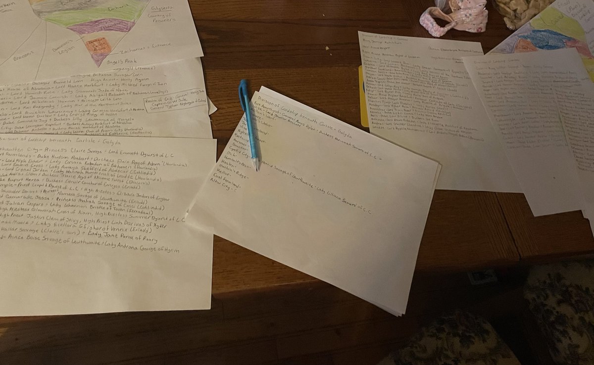 What it looks like when a pantser tries to plot. 
Yes. All of these have maps on the other side. 
No this is not all of them. 
Yes. They are color coded. 
No. There is not a method to my madness. 
#writingcommuntiy #maps #amwritingfantasy #fantasy