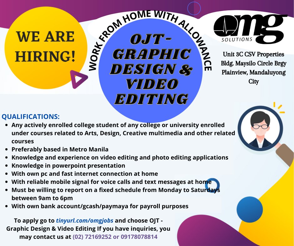 OMG SOLUTIONS in Maysilo Circle, Brgy Plainview Mandaluyong City is now accepting OJTs, Interns, Practicumers for Graphic Design & Video Editing (Work from Home). We provide Allowance. To apply go to https://t.co/OvhTuevW7K Choose OJT - Graphics and Answer the survey https://t.co/vtXMI1qXUT