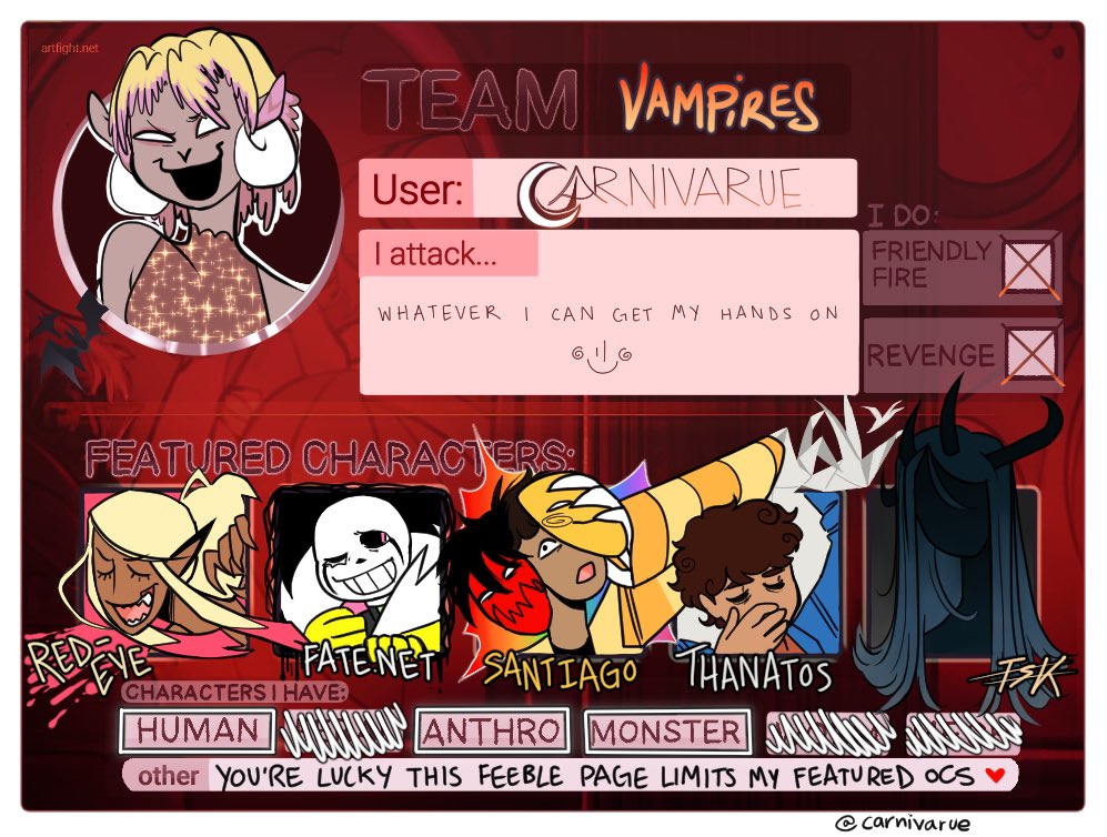 carnivarue's tweet photo. 1/2 - Two announcements! One, Iโm on team Vampires this year for Artfight! I havenโt posted all of the featured ocs, yet but Iโm getting there! #undertale #originalcharacter #oc #artfight #teamvampires #art #digitalart https://t.co/tsC29digsF