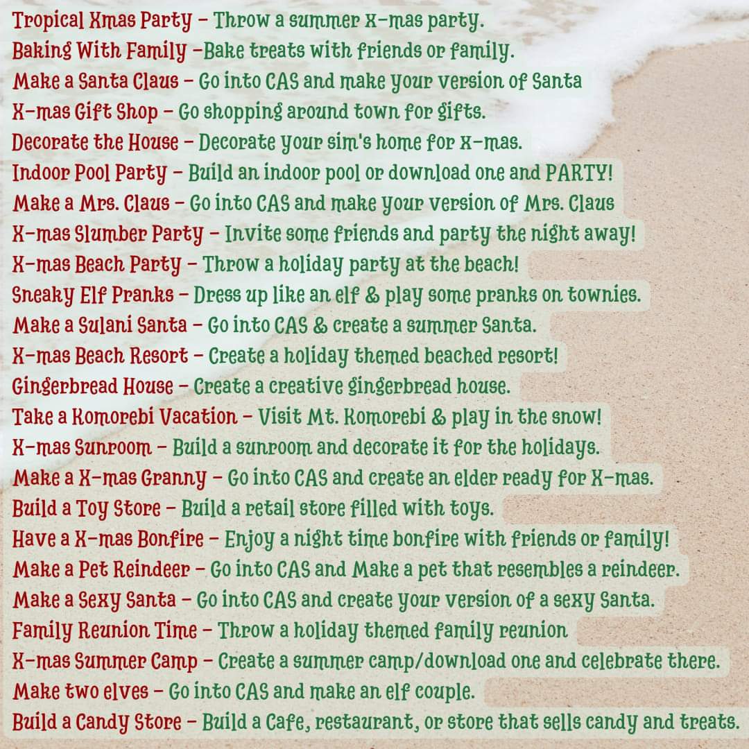 Sims_Collective's tweet photo. It's that time of year to celebrate
 🌊🎄🏄‍♂️ X-mas in July! 🏄‍♂️🎄🌊
We created a bingo for you to play all month long! Share your creations with us using the tags #christmasinjuly #thesimscollective 
Happy Summer Holiday! 
💟 - TSC
#sims4 #sims #TheSims4 https://t.co/g3J3Ikh8WC