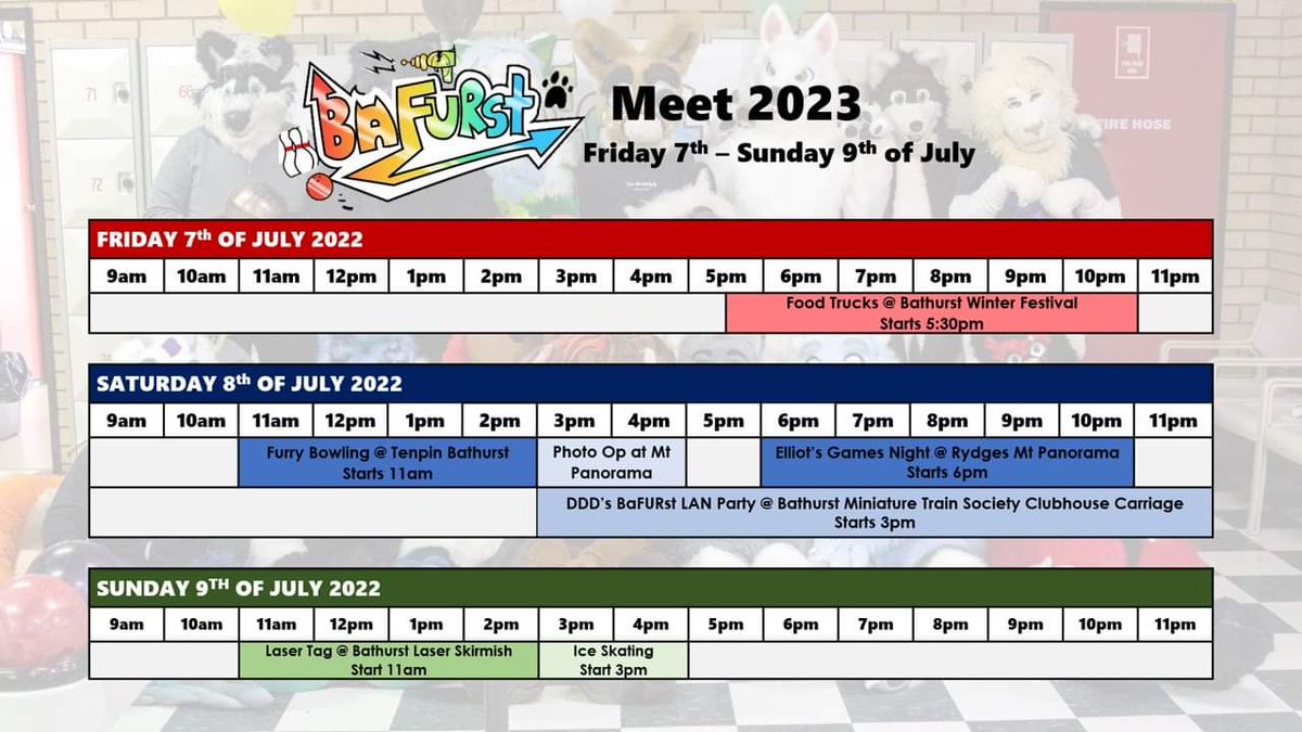 Check out what's going on at the BaFURst Meet next weekend with this handy schedule 😊

#BaFURstMeet #Furry