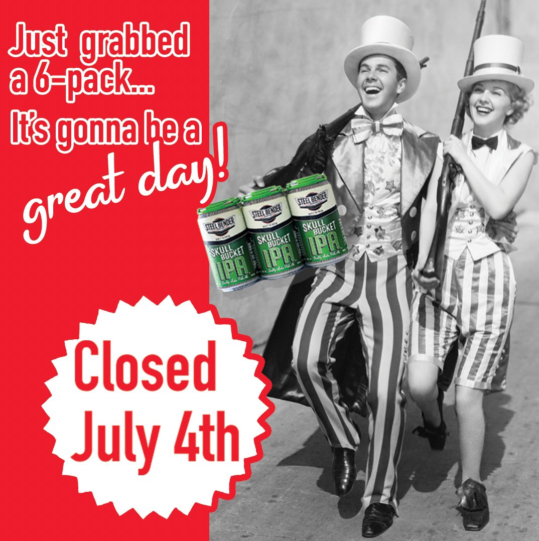 Closed July 4th, so stock up on beer to go! ⁠
• Buy two 32-oz. CROWLERS, get 3rd CROWLER 50% off.⁠
• Buy three 6-packs/4-packs, get 4th one 50% off. ⁠
• Buy three BOTTLES, get 4th bottle 50% off. ⁠⁠
#ThatsIndependenceYoureTasting ⁠⁠
Stay safe out there, friends!⁠⁠