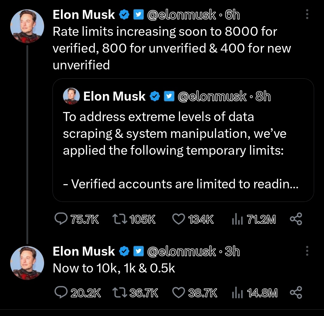 Mrgameguy2's tweet photo. 👀 Apparently Elon Musk is adding "Limits" to the amount of tweets a user can see daily. Buying twitter blue increases the amount you can see. What do you guys think about this change? 🤔 https://t.co/GaJDyZg41B