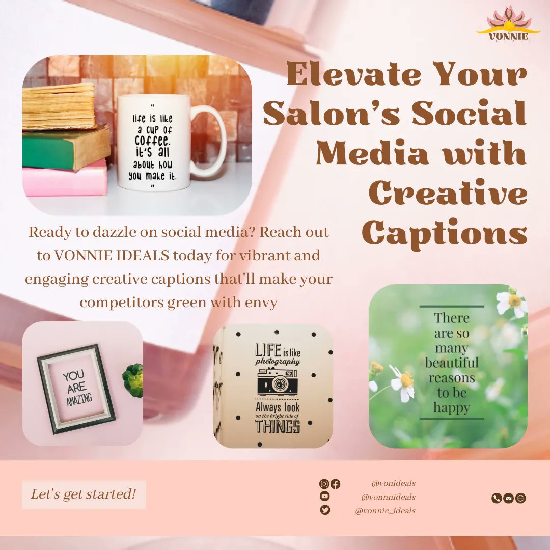 Level up your social media with #creativecaptions by VONNIE IDEALS! We'll make your salon posts pop with #personality and #cheerfulness. Let us handle the words while you focus on your #services. Attract new #clients and keep your loyal ones coming back for more. Contact us now!