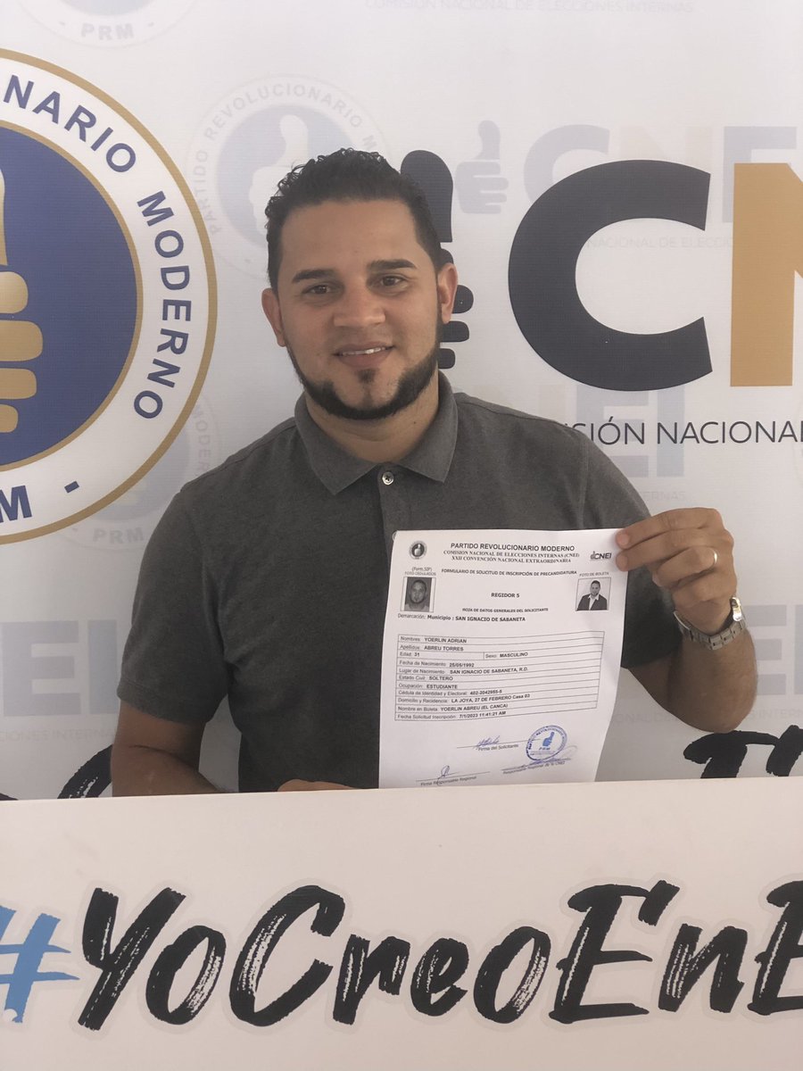 Saludos para todos ustedes!!
 Por esta vía quiero informarles, que de manera oficial ya estamos inscritos como, Pre- Candidato a Regidor por el Partido Revolucionario Moderno (PRM), del municipio  Sabaneta, Santiago Rodríguez.        YOERLIN ABREU (EL CANCA)
   REGIDOR 2024- 2028