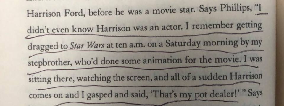 Singer Michelle Phillips (from The Mamas &amp; The Papas) reaction to seeing her acquaintance Harrison Ford in a little movie that just opened called STAR WARS 😂