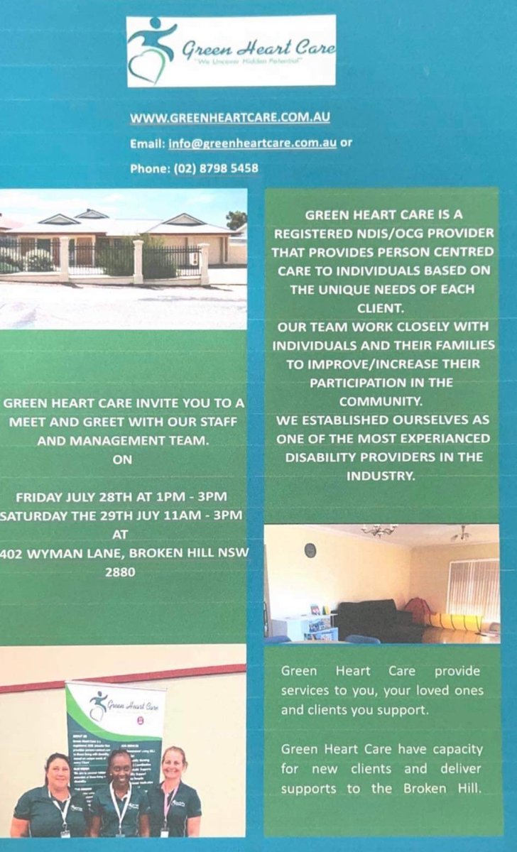 Green Heart Care are inviting you to a meet & greet.
If you or a loved one are funded by the NDIS & need supports meet our team & chat about how we can best support you
#brokenhill #openhouse #NDIS #ndisprovider #ndissupport #ability #disability #support #care #day #openday