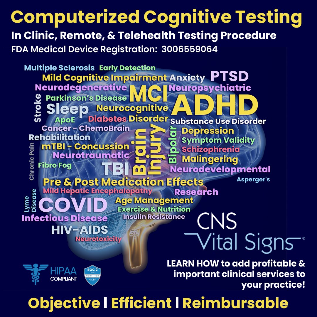 IN-CLINIC & TELEHEALTH DIGITAL, OBJECTIVE COGNITIVE TESTING  plus EVIDENCE-BASED RATING SCALES.  #Psychiatry #Neurology #PrimaryCare #LongCovid #MildCognitiveImpairment #MultipleSclerosis #ADHD #BrainPhenotype
60 Languages, 52 Countries
FREE TRIAL @CNSVitalSigns