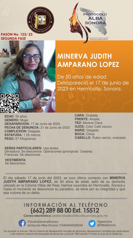 🟤 Se solicita a la ciudadanía su colaboración en la difusión de la cédula de #ProtocoloAlba #Sonora para la búsqueda y pronta localización de MINERVA JUDITH AMPARANO LOPEZ, de 50 años de edad.

Desapareció el sábado 17 de junio de 2023, en #Hermosillo, Sonora. 

Muchas gracias