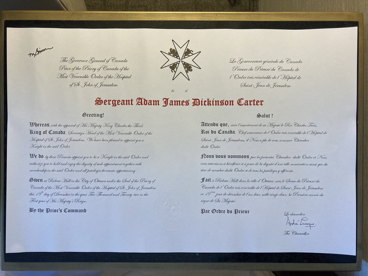 AdamKSTJ's tweet photo. So it is all official, I was Knighted 🗡️ today @SenateCA by the @StJohnINTL Lord Prior @Markatthefarm and our @SJA_Canada Chancellor @DrALevesque. 

Humbling moment after 30 years of service to @SJAOntario &amp; @SJANiagaraMFR.

Grateful to all my family &amp; friends for your support. https://t.co/OtF43sEAwl
