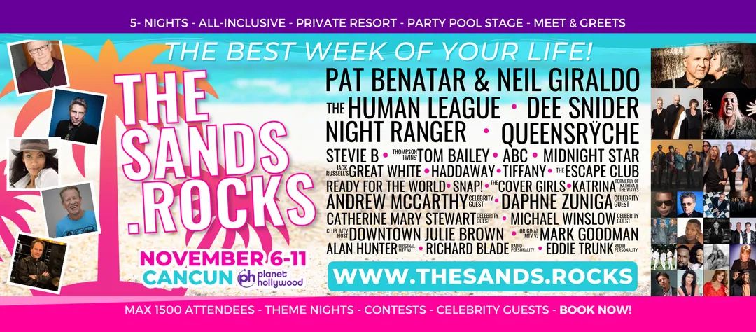 We're 90% SOLD OUT! Don't miss YEAR 6 of The Sands! 5 night, all-inclusive #GenX music experience hosted by <a href="/DTJB/">Downtown Julie Brown</a>, <a href="/goodymade/">Mark Goodman 🟦</a>, #alanhunter, <a href="/EddieTrunk/">Eddie Trunk</a>, &amp; <a href="/richardblade/">Richard Blade</a>! #thesandsrocks