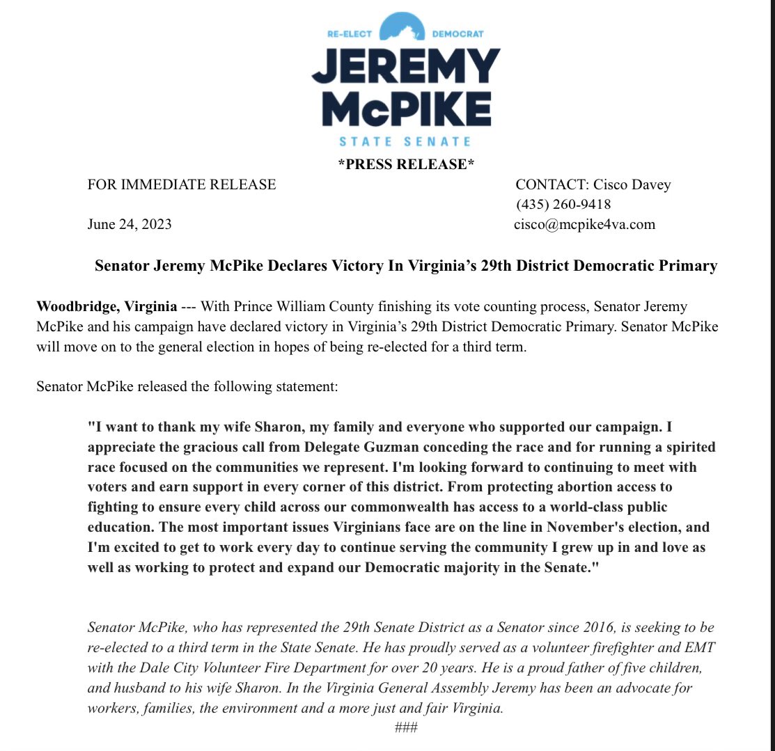 JeremyMcPike's tweet photo. Thank you SD-29, we did it! It has been a honor of a lifetime to serve the community I grew up in, I’m grateful I get to continue to do so. Thank you to @guzman4virginia for a spirited primary, and for your work in the General Assembly. Onward to November! https://t.co/3VDFG358NR
