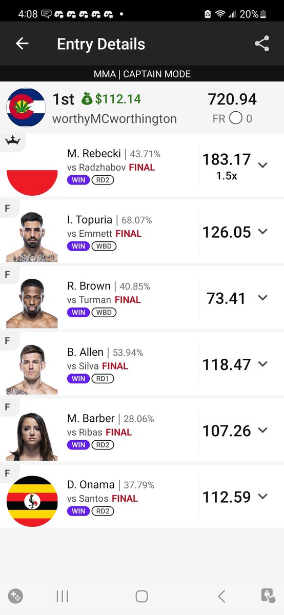 Nice little late slate takedown 

Not bad for a buck 
@DfsGet

#UFConABC5