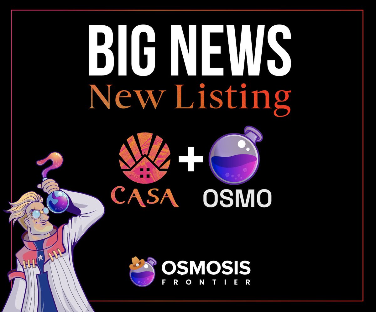 Great news for @CasaOnJuno 

Starting tomorrow, you can purchase and LP $Casa over on Osmosis Frontier with $Osmo!

Don’t miss out on the rewards 💪

$Casa $Juno $Osmo #COSMOS