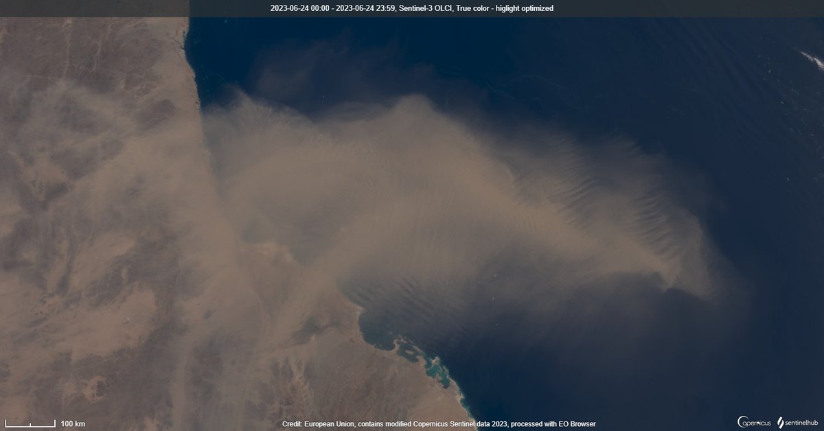 'Dust Blowing over the Red Sea'

On June 24, 2023, the #Copernicus #Sentinel3 captured this natural-color image of a great cloud of #dust and sand blowing over the Red Sea.

Image from🛰@CopernicusEU
Processed in🛰@sentinel_hub