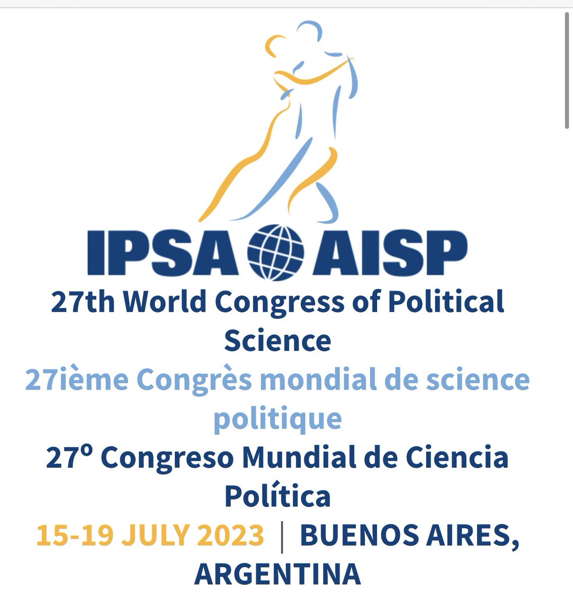 🌎🤝🌎 Here we go, almost there...

@ipsa_aisp #IPSA2023 #BuenosAires #WorldCongress #PoliticalScience #SocialSciences #complexity #emergency #transdisciplinarity  @edgarmorinparis @leogarnier @MichelWieviorka @research_chaos @UniperugiaNews