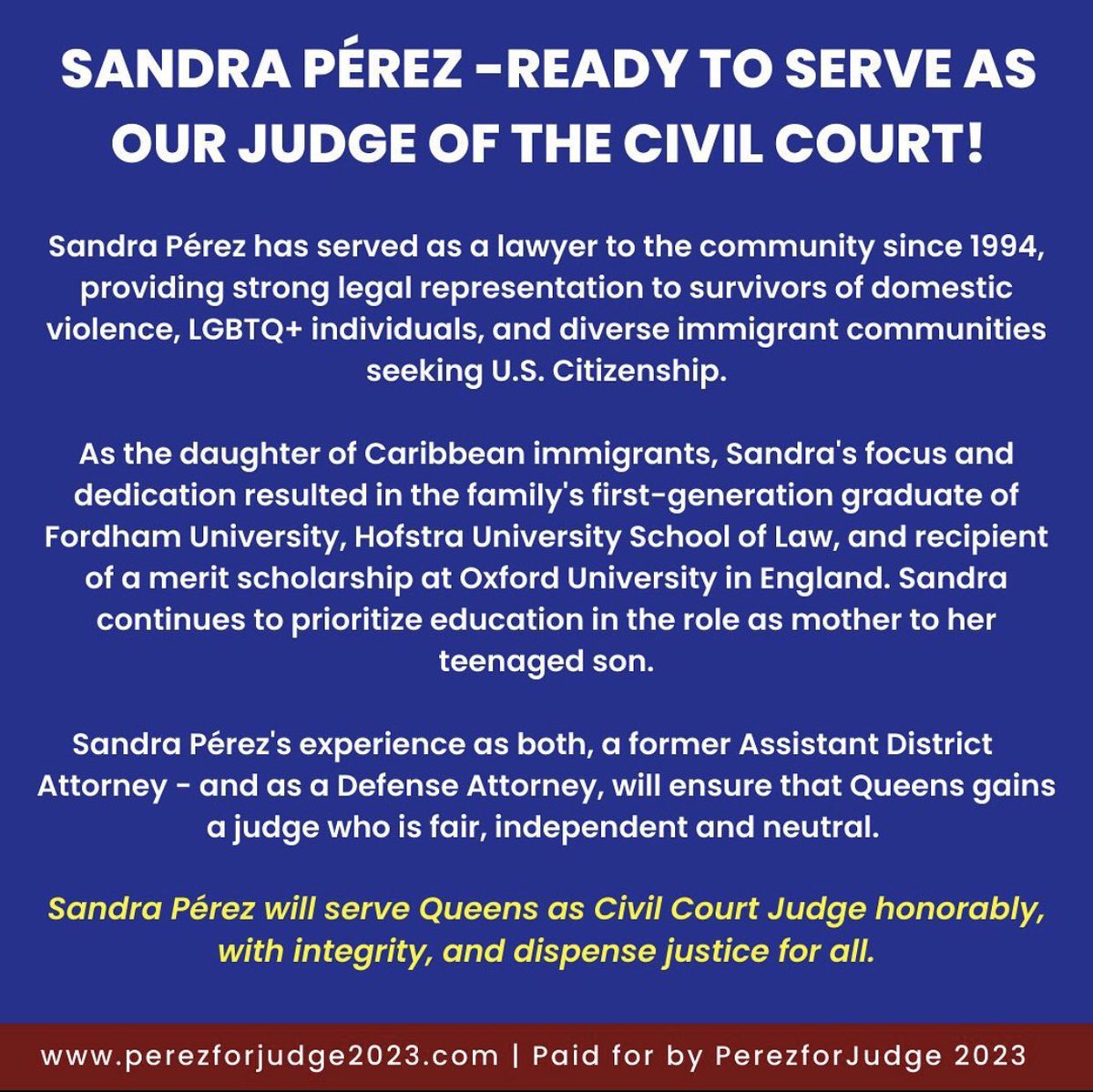 Sandra Perez For Queens Civil Court Judge tweet media