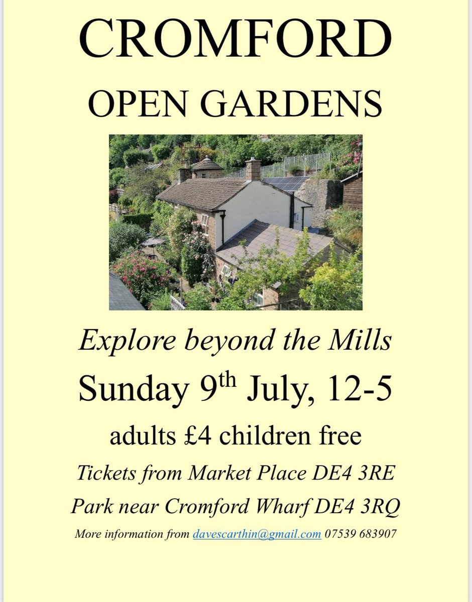 An opportunity to view the hidden gardens of Cromford!  Your ticket is your leaflet (with map) which can be purchased from outside Cromford Community Centre on the day 🌸. 

#cromford #opengarden #opengardens #cromfordderbyshire #derbyshire #derbyshiredales #englishcountrygarden