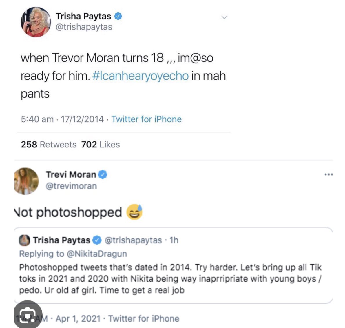 PurpleHighligh's tweet photo. @PaigeChristieUK Yes, but a couple of years ago her and Nikita got into it. Nikita brought up Trisha’s inappropriate tweets to minor boys, one of them being at the time Trevi. Trisha said the tweets to Trevi were fake, Trevi said they weren’t. https://t.co/DZHA4Nf8Is