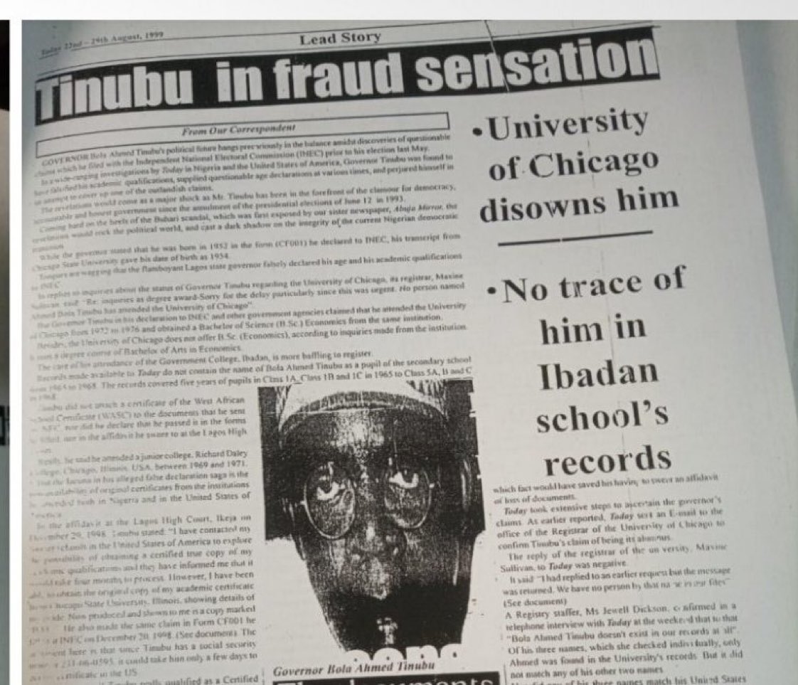 When was governor Tinubu lied that he attended Government College Ibadan.

The school was planning a grand ceremony for him.

On confirmation, his name was not found 🔍 among the class one students 🧑‍🎓 of 1965. 

The school had to cancel the ceremony out of embarrassment.

This