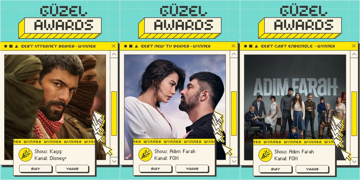 Dizilah tarafından düzenlenen #GüzelAwards 2023 Ödülleri kapsamında;
En İyi İnternet Dizisi: #Kaçış
En İyi Yeni Tv Dizisi: #AdımFarah 
En İyi Oyuncu Kadrosu: #AdımFarah ödülünün sahibi oldu. 
Tebrik ederiz. Nice başarılara👏🏻♥️🎈

#EnginAkyürek @DisneyPlusTR