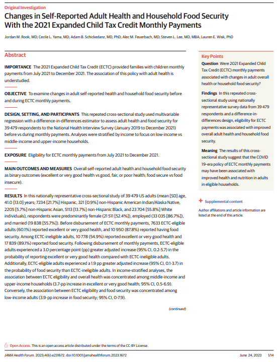The 2021 Child Tax Credit monthly payments were associated with improved self-reported adult health &amp; food security. Cash transfers for families may be effective tools in improving health and nutrition. 

ja.ma/3ph7LaB 

<a href="/JRookMD/">Jordan Rook</a> <a href="/LaurenWisk/">Lauren Wisk, PhD</a> <a href="/AcademyHealth/">AcademyHealth</a> #ARM23