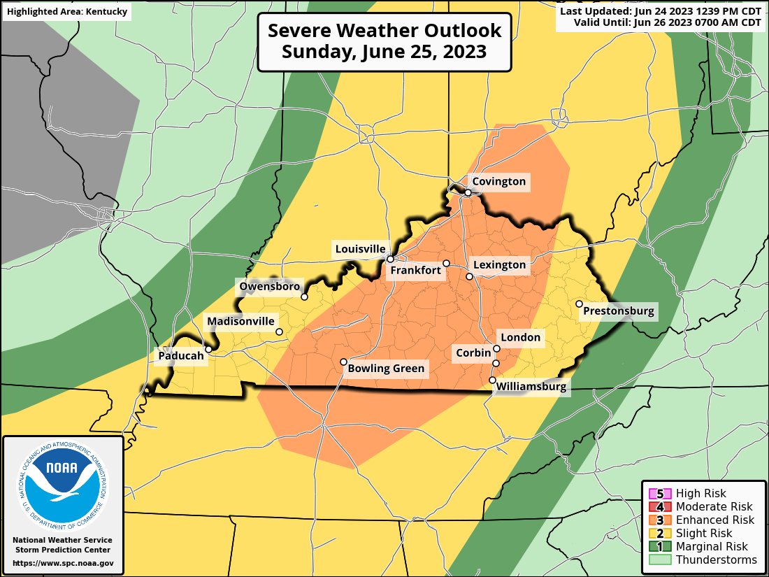 As expected, the Storm Prediction Center upgrades much of Kentucky to the Enhanced Risk for severe storms Sunday. #kywx