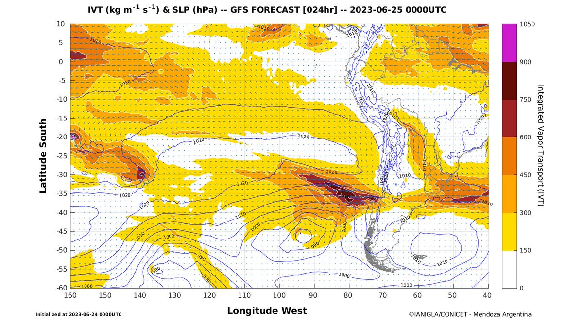 Sucesivo Río Atmosférico por impactar esta noche en los Andes de O'Higgings, Maule, BioBio🇨🇱 y Norte Neuquén🇦🇷. Si bien es de menor intensidad, se esperan más precipitaciones en la zona muy afectada ya y con inundaciones. Seguir alertas oficiales <a href="/meteochile_dmc/">MeteoChile</a> <a href="/SMN_Argentina/">SMN Argentina</a>