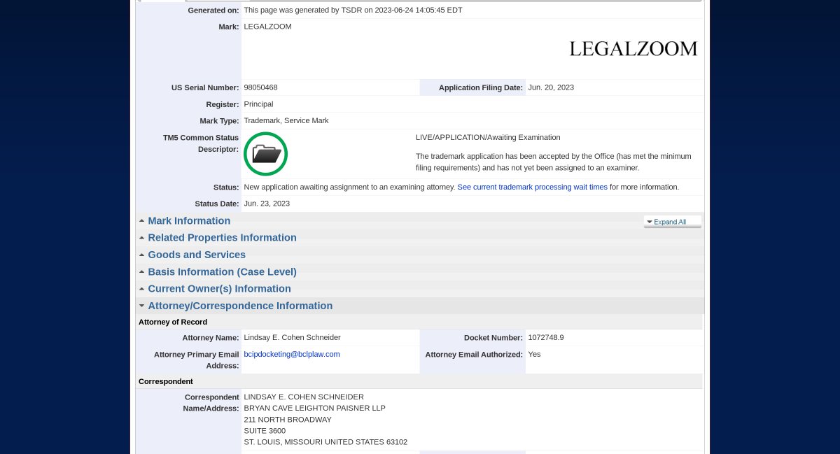 TimberlakeLaw's tweet photo. Just a filing from
LegalZoom
not using 
LegalZoom
legal services
to apply to register
LEGALZOOM
as a trademark for
legal services

https://t.co/PWDa6FGu1R

#trademarks https://t.co/v8rbwMXLXI