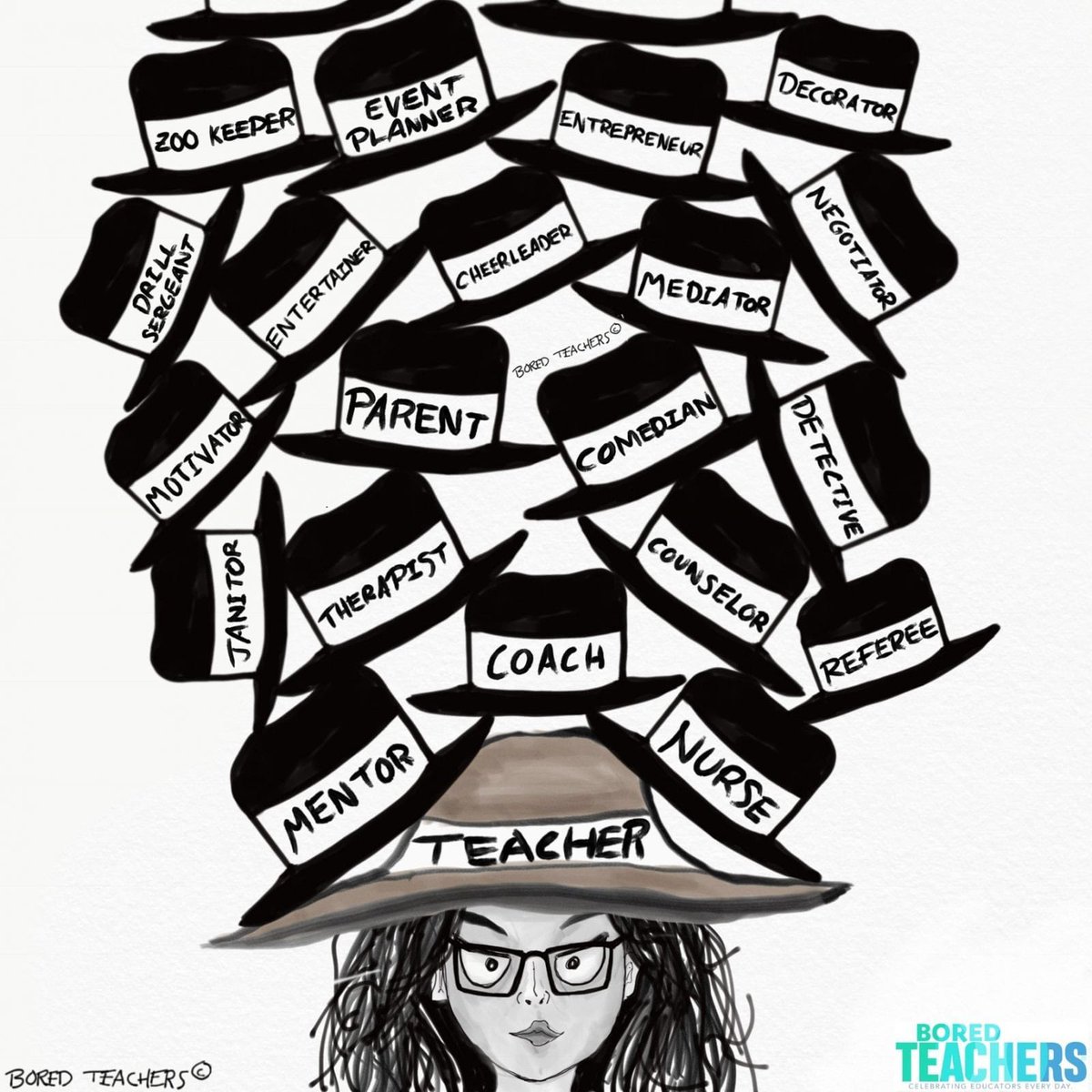 EyesShutTeacher's tweet photo. If you’re trying to work out why you’re feeling so tired at this time of year it’s because you’re wearing all these hats. Remember to take them off every now and again 😊 https://t.co/AvGxpRk3wq
