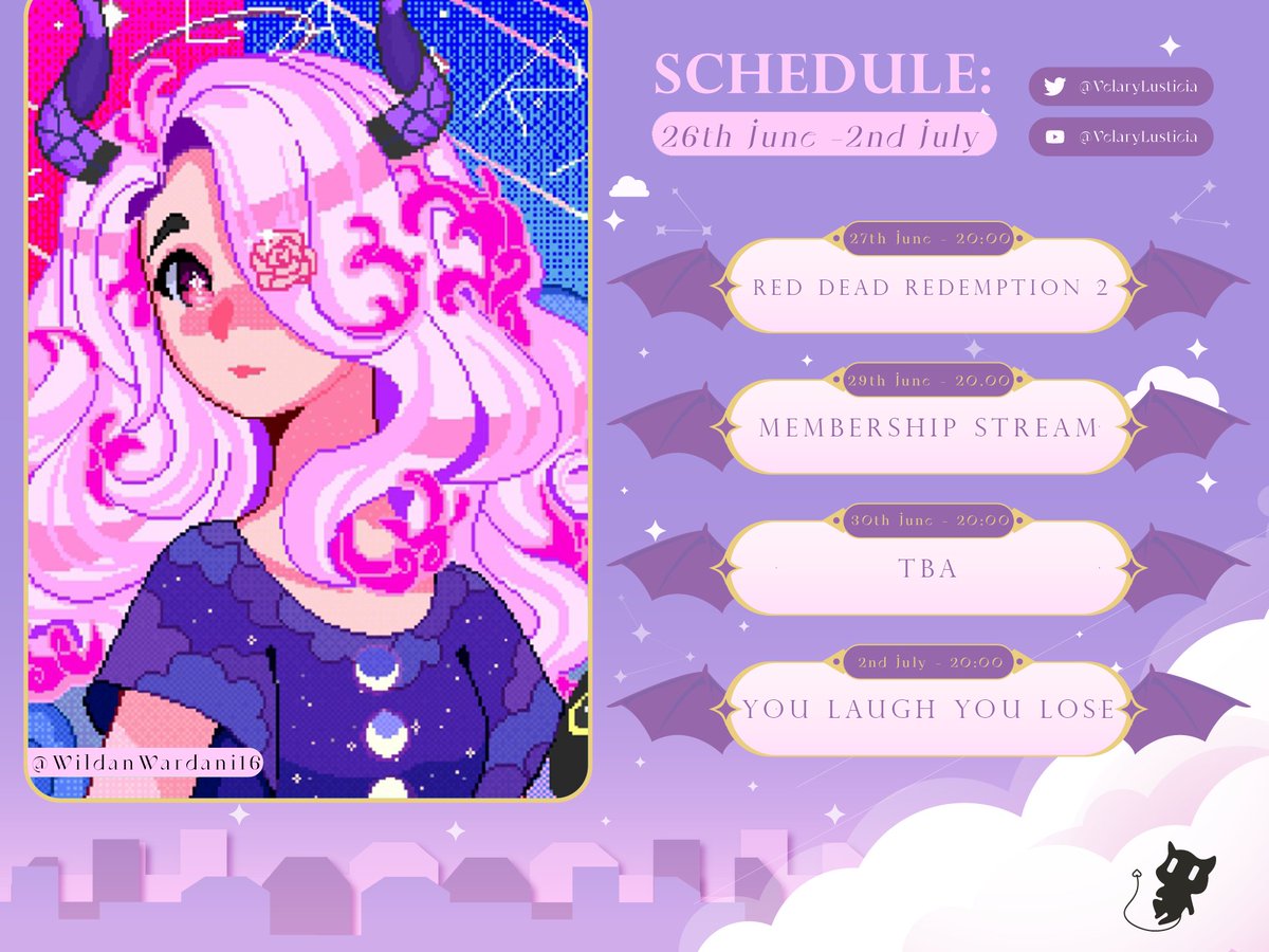 VelaryLusticia's tweet photo. Velary's 26th June - 2nd July Schedule💜 

Udah lama banget aku ga update schedule ;-;

✨Tags: 
#VelaryLusticia
#VelAlbum (Art) 
#VelClips (Clip) 
#LUSTicia (NSFW)  

✨You can find my streams on: https://t.co/viul6wP279 https://t.co/sGEplCXGP0