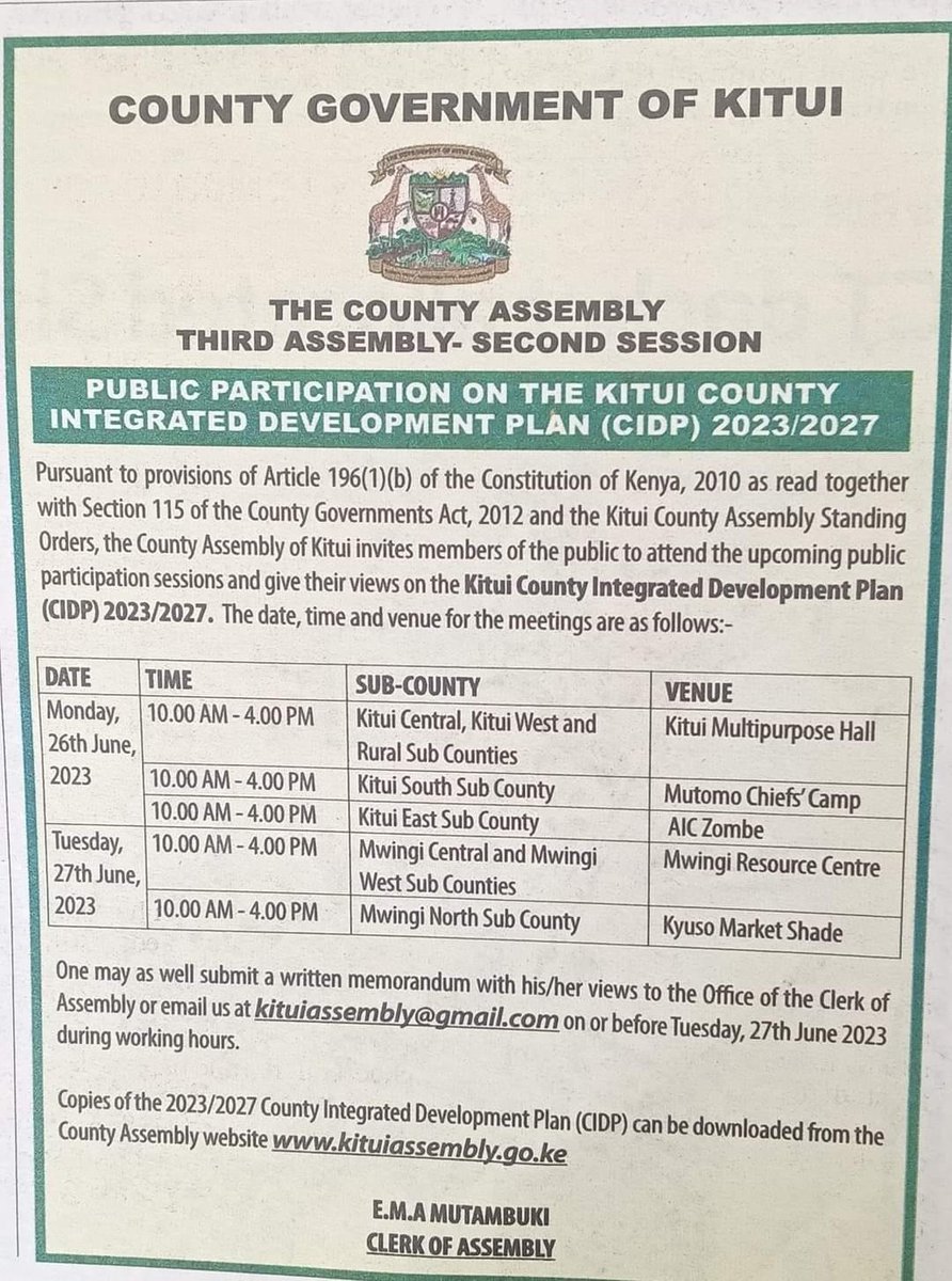 TheWiperParty's tweet photo. #BuffaloGang & friends of @KituiCountyGovt; this
Monday kindly exercise your constitutional right in public participation pursuant to provisions of Article 196 (1)(b) of the Constitution of Kenya on your thoughts & ideas on the Kitui County Integrated Development Plan 2023/2027 https://t.co/AXYHXCkmvj