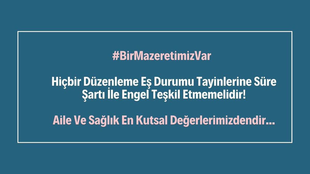 Aile dediğin birlikte yaşar. Bizse ayrı şehirlerde ayrı evlerde yaşamak zorundayız. 3 günlük dünyada neden bu ayrılık? <a href="/Yusuf__Tekin/">Yusuf Tekin</a> <a href="/yilmaznazif/">Nazif Yılmaz</a> <a href="/kemalsamlioglu/">Kemal ŞAMLIOĞLU</a> <a href="/mebpgm/">Personel Genel Müdürlüğü</a> <a href="/DIBAliErbas/">Prof. Dr. Ali Erbaş</a> @hasanguclu_dib <a href="/dinckadir43/">Kadir Dinç</a> <a href="/drfahrettinkoca/">Dr. Fahrettin Koca</a> <a href="/MemurSenKonf/">Memur-Sen</a> <a href="/saglikbakanligi/">T.C. Sağlık Bakanlığı</a>
#BirMazeretimizVar