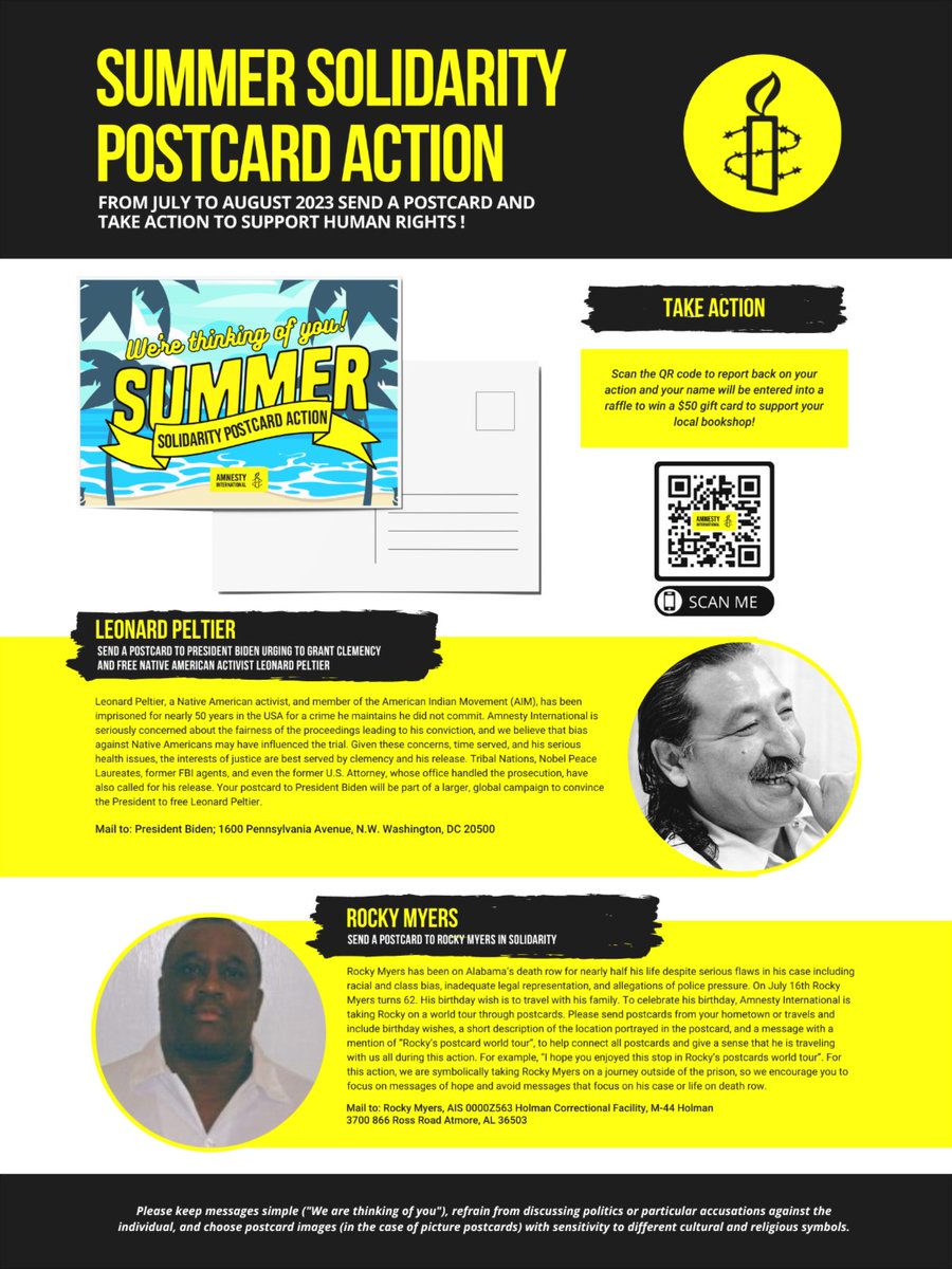 Activists!
Please take @amnestyusa Summer Solidarity Postcard Actions for Leonard Peltier & Rocky Myers!
Send postcards from wherever you are to President Biden calling on him to Free Leonard Peltier ASAP!
#ExecutiveClemencyNow!

See QR code for more details!
#CommuteRockyMyers