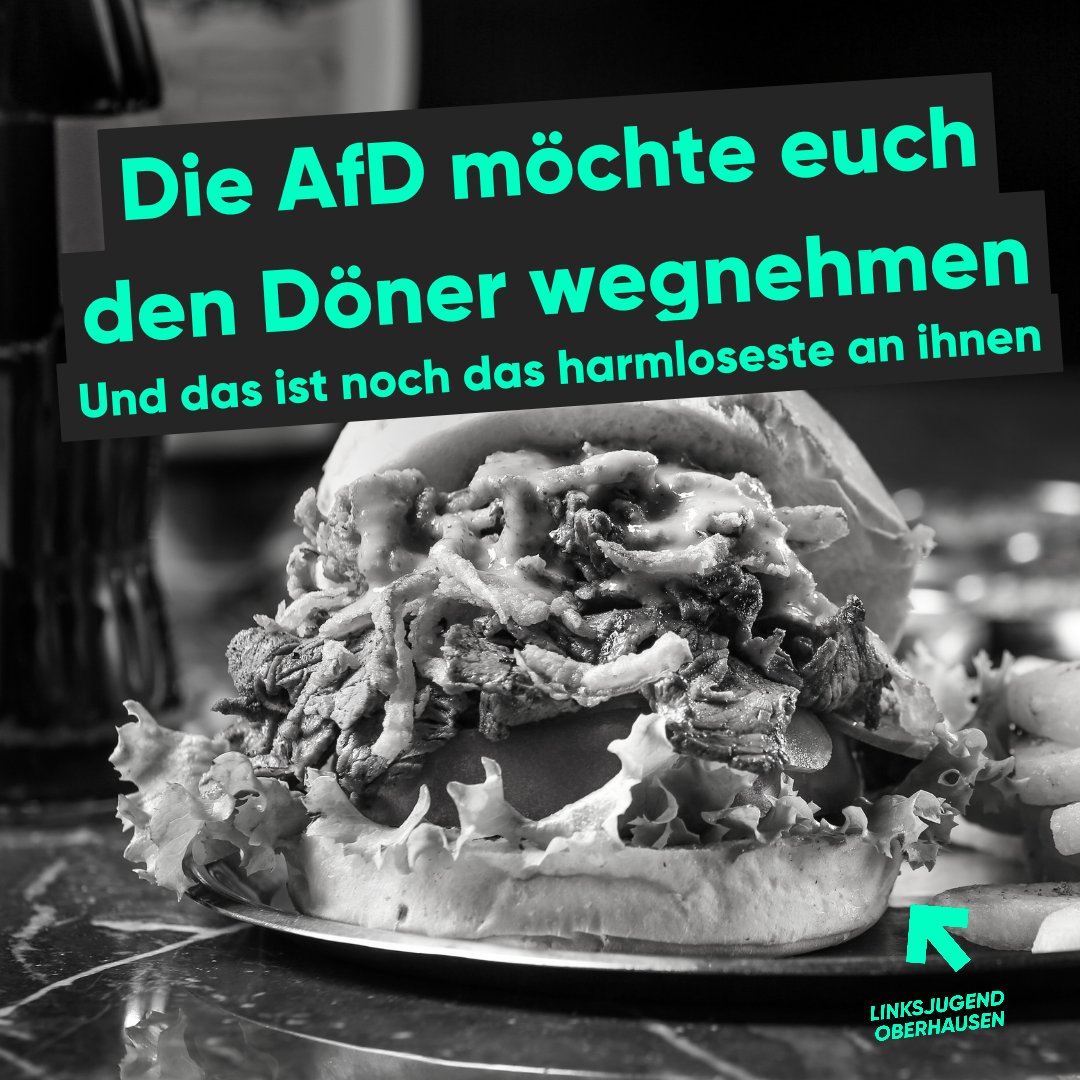 Eigentlich gibt es schon genug Gründe Faschisten zu bekämpfen. Einer mehr oder weniger macht da wohl nix aus.
Dennoch gilt: wer den #Döner (oder gerne auch die Falafeltasche) mag, bekämpft die #AfD!
Guten Appetit!