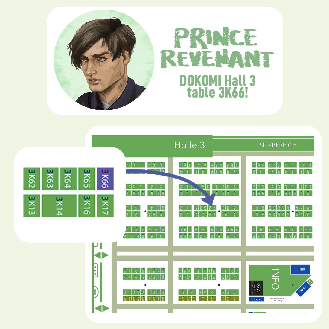 PrinceRevenant's tweet photo. here's where i'll be at dokomi this weekend in düsseldorf! i'm in hall 3 (artist alley) table 3K66 😄
i'm bringing all of my usual stuff including my new leon and luis square prints 🥰 see you there!! https://t.co/7WS5VCwV75