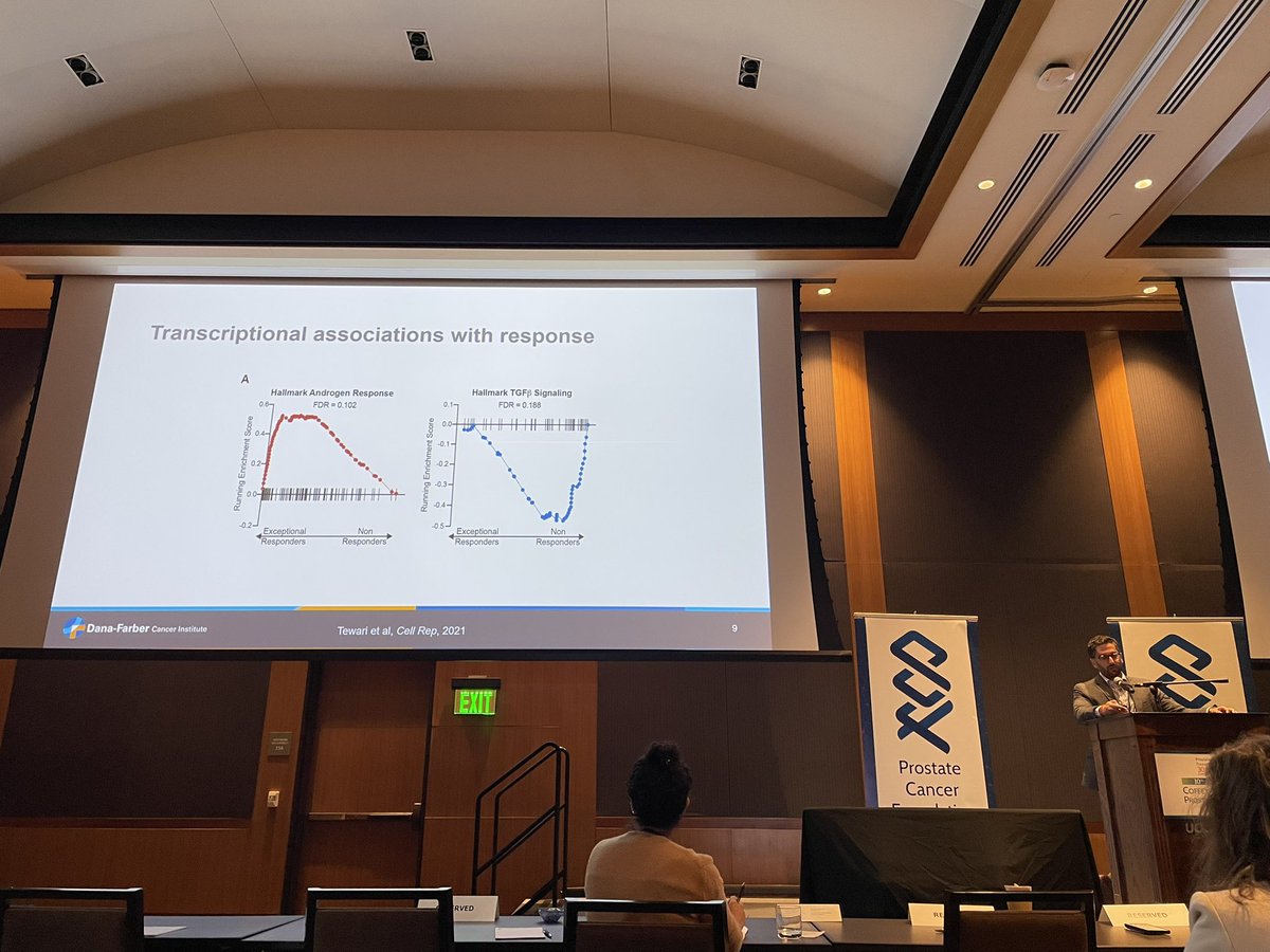 @aloktewar presents interesting findings on molecular, truncal alterations (SPOP, TP53) & transcription signatures (AR, TGF-β) associated w/neoadjuvant anti-androgen therapy response in high-risk localized #prosatecancer METACURE trial. Day 3 of @PCFnews Coffey-Holden #PCFAcademy