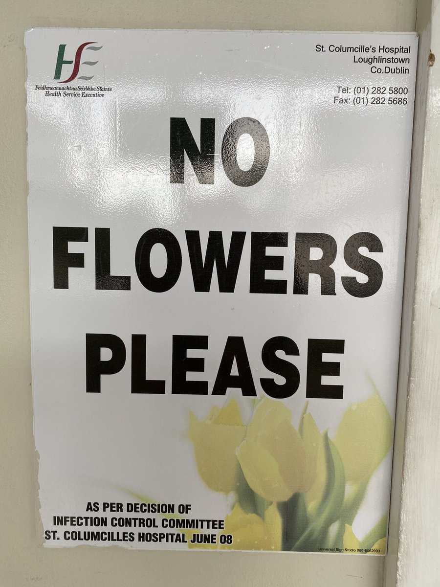 Visited a dear friend in hospital with a small bunch of garden picked sweet pea. 
Approached by a nurse who politely said that no flowers were permitted on wards
it was hospital policy “to prevent infection” 
So my immunocompromised friend  is on a ward with no flowers &amp; no masks