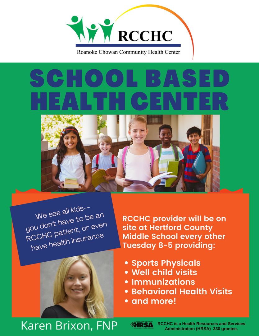 Our School Based Health Center is back! An RCCHC provider will be on site at Hertford County Middle School every other Tuesday from 8-5 providing sports physicals, well child visits, immunizations, behavioral health visits and more! We see ALL kids.
#SBHC #ValueCHCs