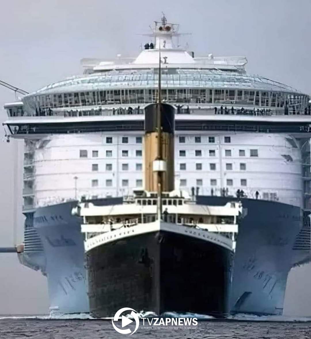 A diferença do tamanho de um navio moderno quando comparado ao Titanic.