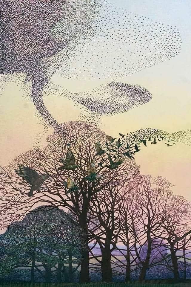 'Murmuration over Lanhydrock Park' by British figurative artist ANNIE OVENDEN (b.1945, Buckinghamshire).
Oil on canvas.
