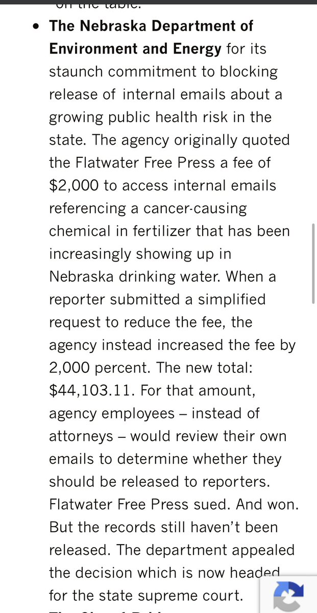 Congratulations, @NebraskaDEE, for winning the Golden Padlock award—honoring the most secretive public agency or official in the U.S…. for blocking access to emails about a cancer-causing chemical found in drinking water + charging reporters over $44,000