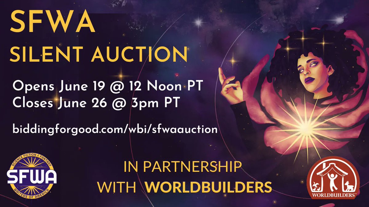 alayadj's tweet photo. Reminder that the annual SFWA auction fundraiser is happening now, and you have two more days to bid on awesome items, including a manuscript critique by me! https://t.co/gnMlQTeUzi https://t.co/XKsIxxlRNC