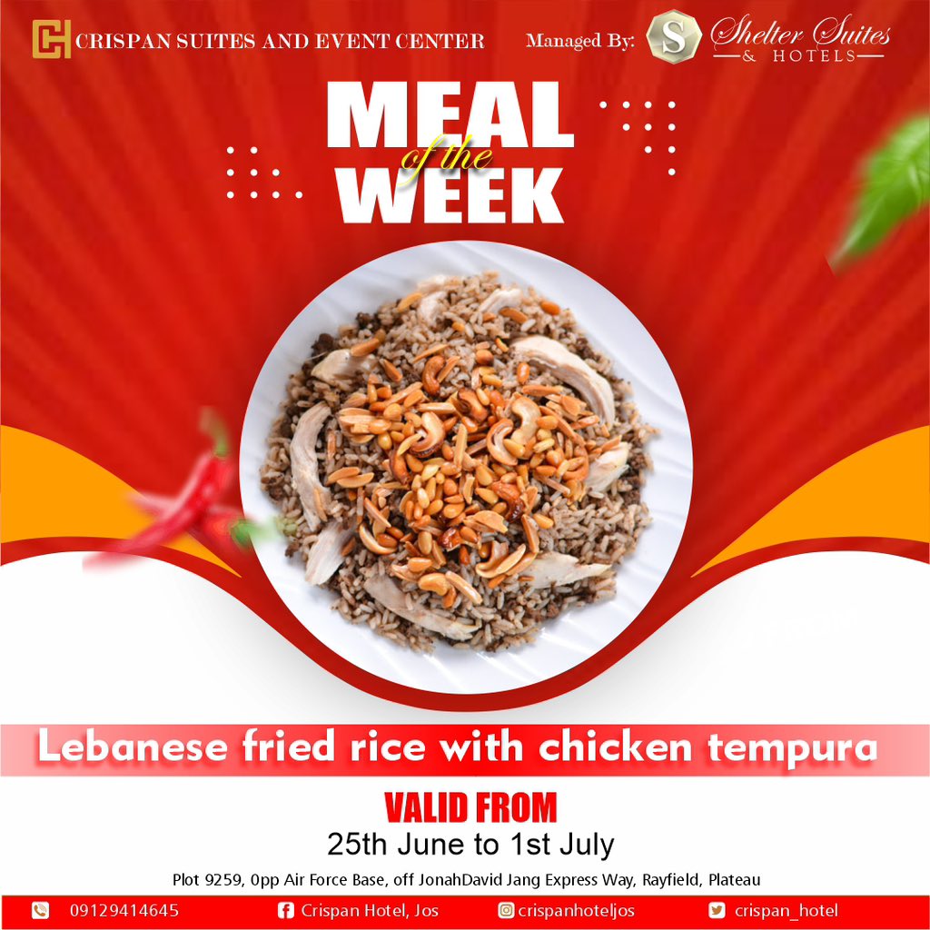 Crispan_Hotel's tweet photo. Our meal for this week is Lebanese fried rice with chicken tempura
Valid from 25th June- 1st July 2023
Send us a DM for reservations.
#meal #mealoftheday #mealoftheweek #foodie #foodporn https://t.co/NCAyJNVTvB