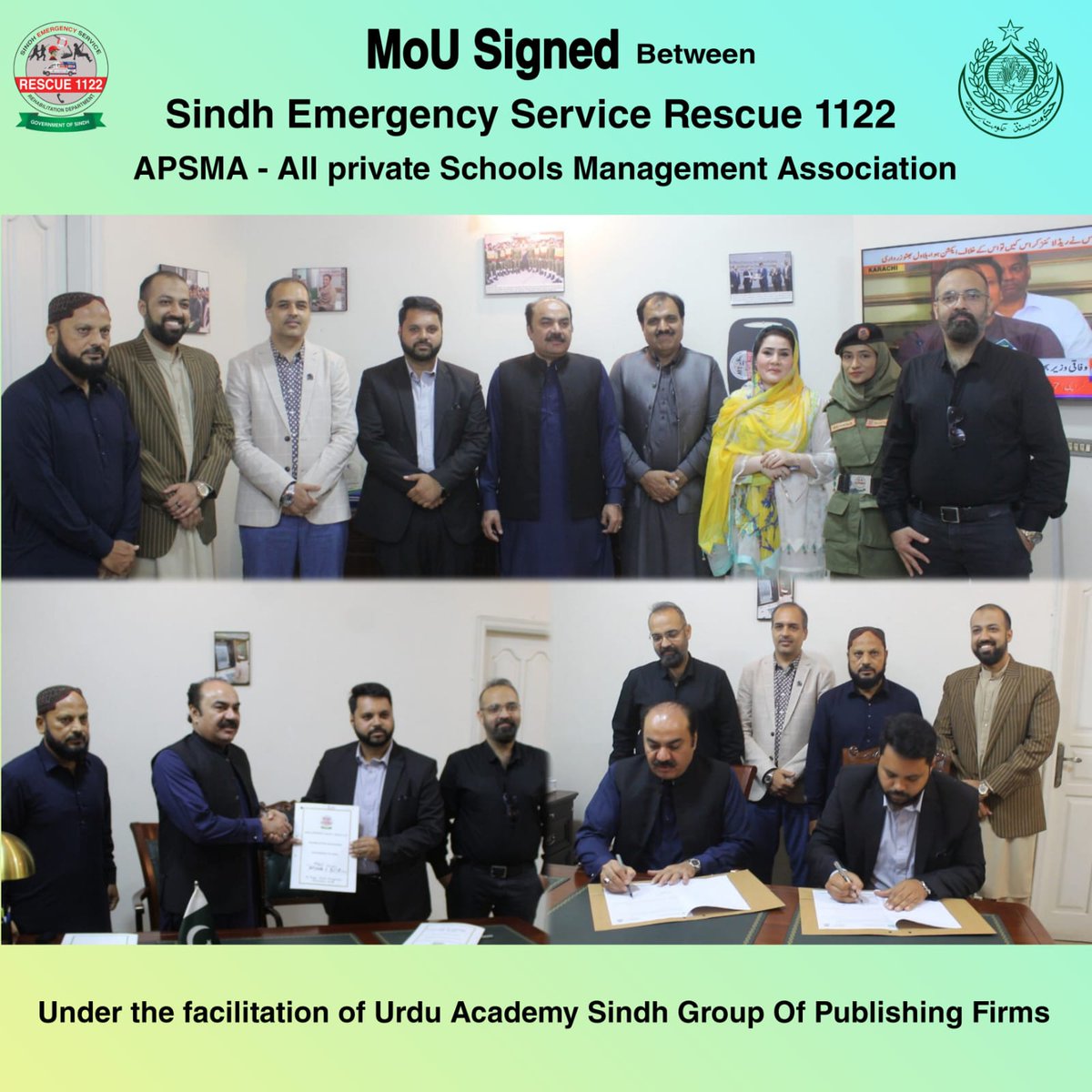 SindhRescue1122's tweet photo. On 23rd June, Sindh Emergency Service Rescue Govt's of Sindh have signed MoU with APSMA-All Private School Management Association, The ultimate goal of Rescue 1122 is to keep community safe and minimize the damage caused by Disaster/Emergency. https://t.co/tJIInStrjw