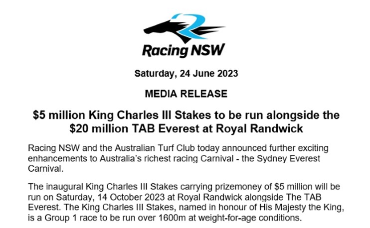 racing_nsw's tweet image. Racing NSW's major announcement: $5 million King Charles III Stakes to be run alongside the $20 million TAB Everest at Royal Randwick - bit.ly/42WnpG6